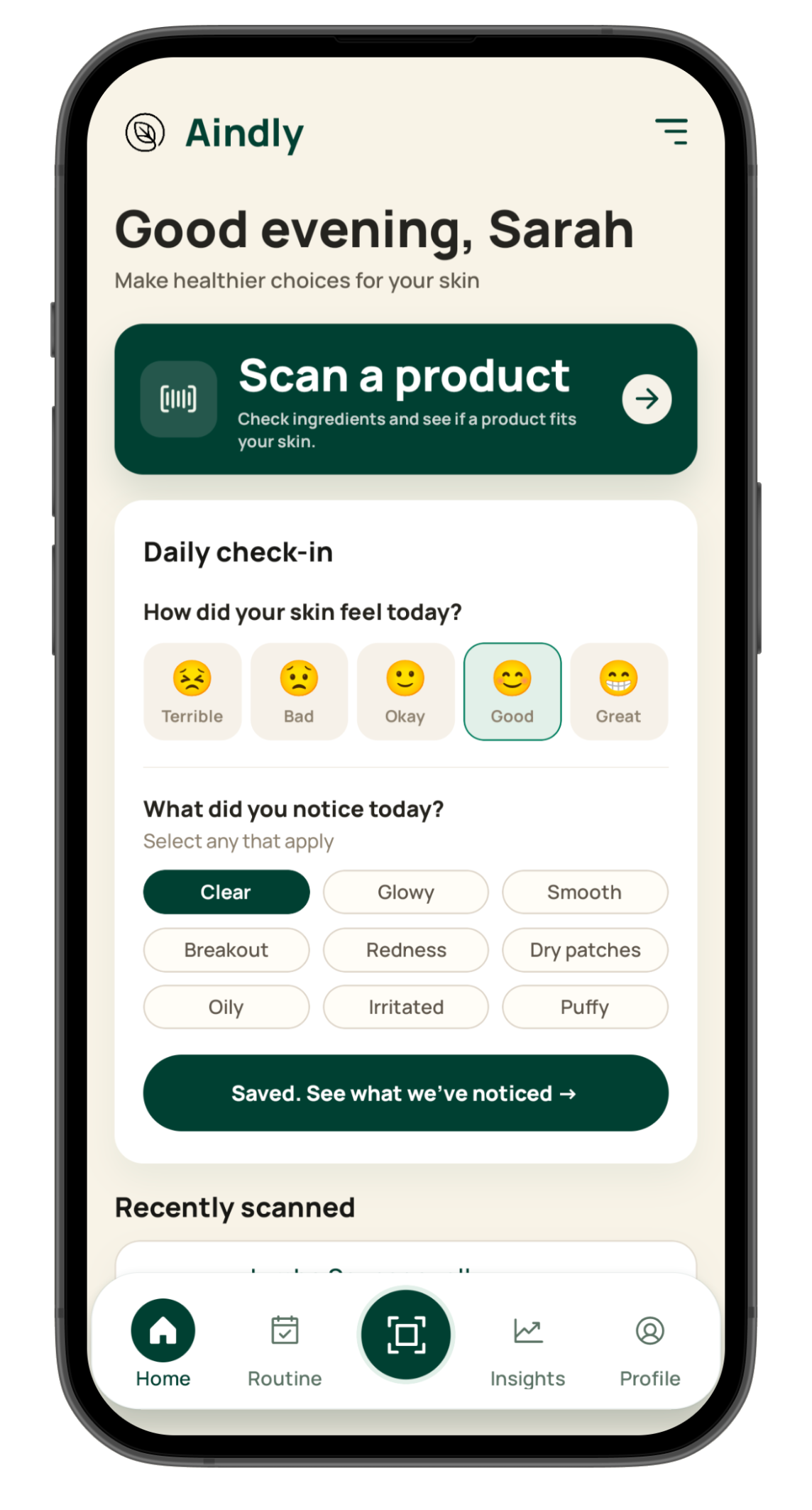Aindly home screen with daily check-in and scan action