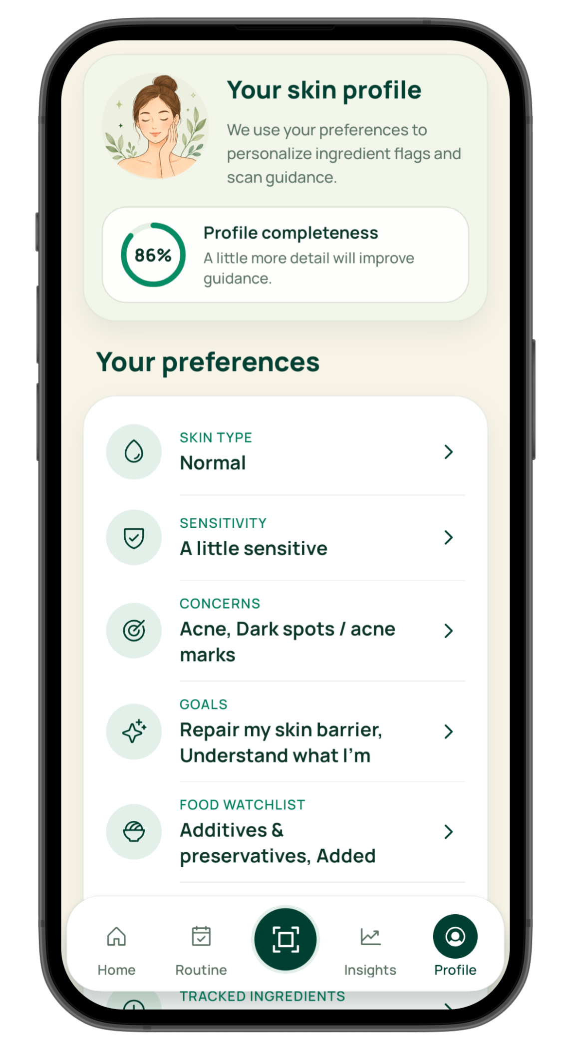 Aindly skin profile screen with preferences and profile completeness