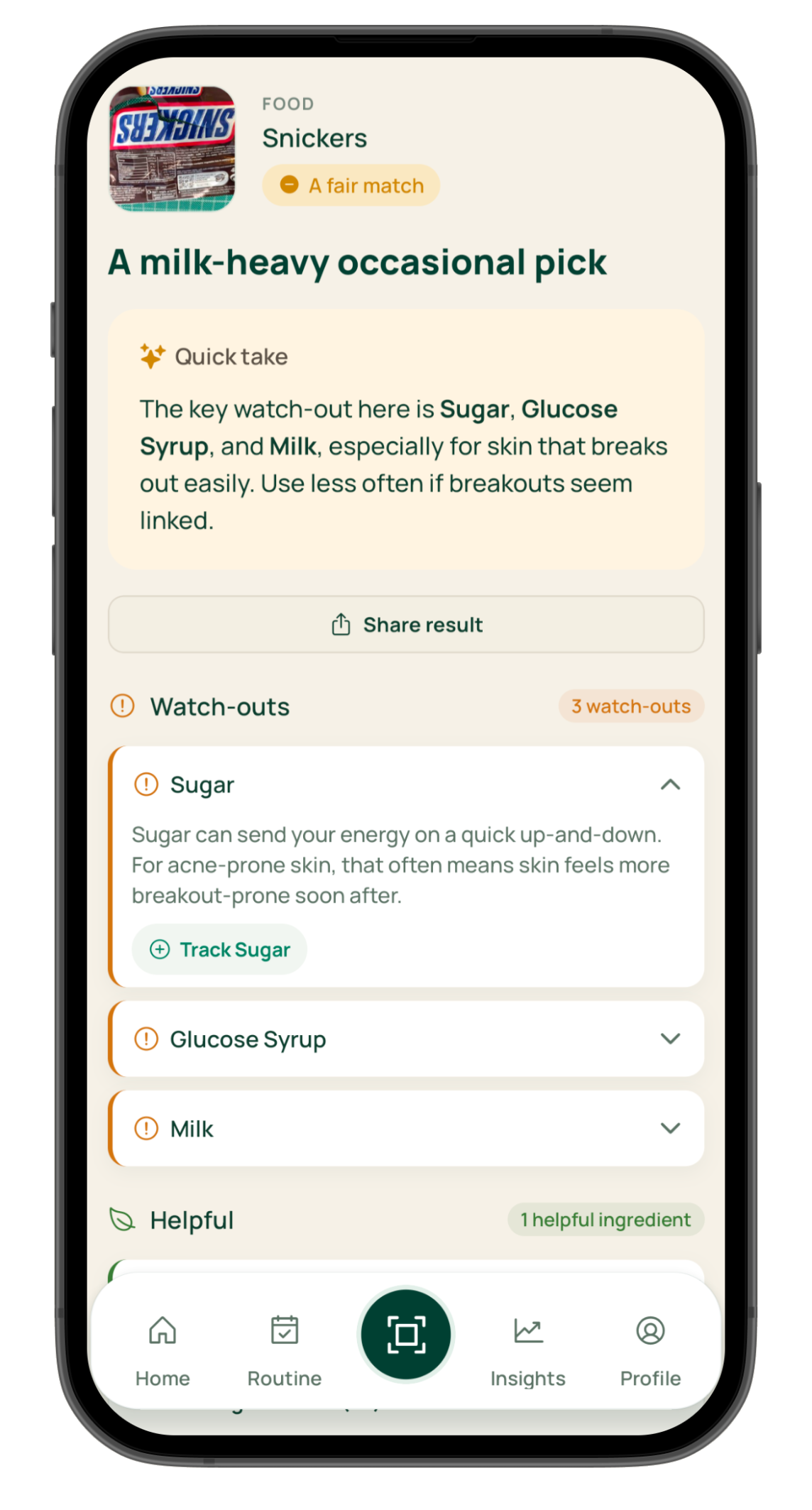 Aindly product result screen showing watch-outs and helpful ingredients