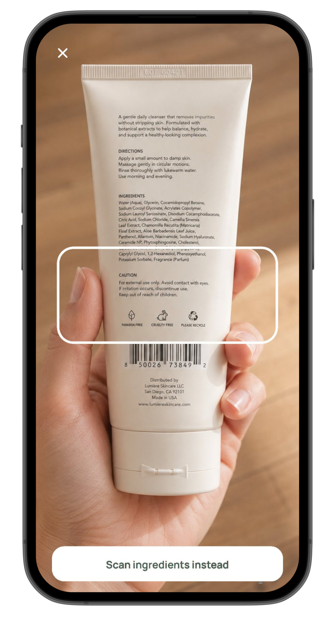 Aindly barcode and ingredient camera scan screen