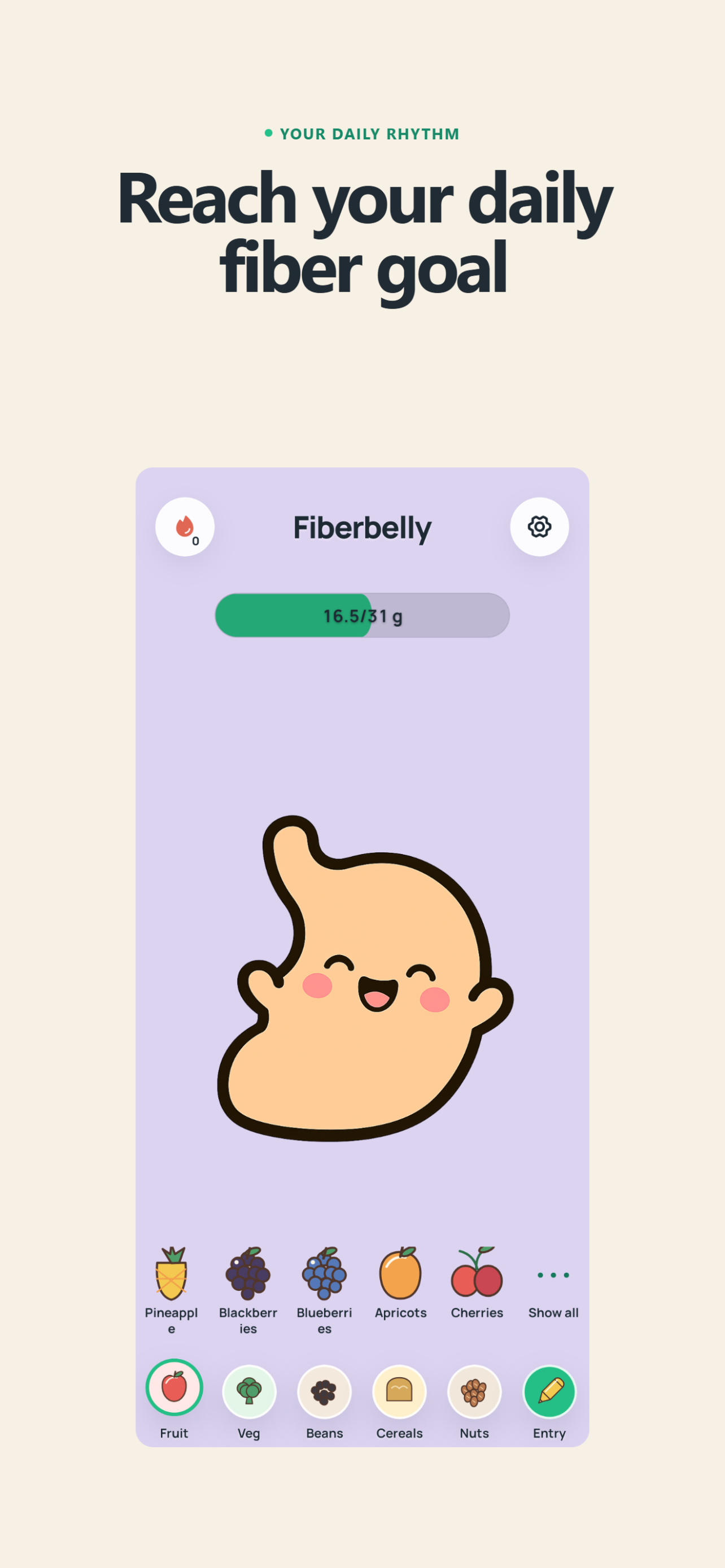 Fiberbelly daily fiber goal screen